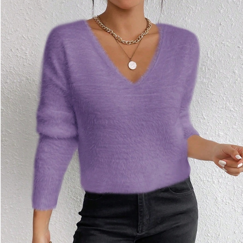 Purple Fuzzy V-Neck Pullover Knit Sweater Long Sleeve